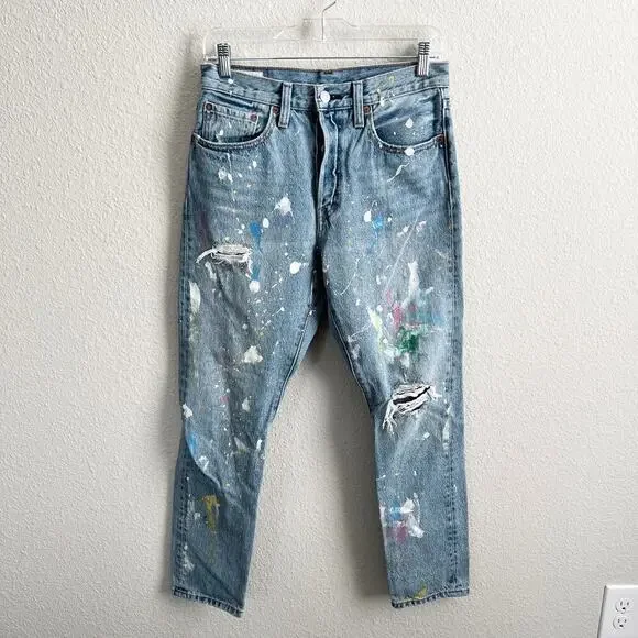 Levi's 501 Skinny Upcycled Jeans Women's 27 Paint Splatter Distressed High Rise - Picture 1 of 10